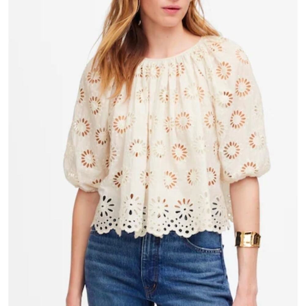 Madewell Embroidered Shirred Puff-Sleeve Top Size S NWT